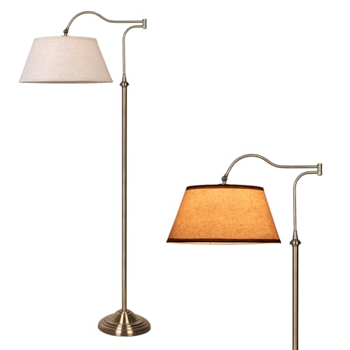 HonoDing Swing Arm Floor Lamp, Arc Floor Lamps with 180° Adjustable Cantilever for Living Room, Mid Century Standing Lamp with Linen Shade, Tall Lamps for Bedroom Living Room Office (Antique Brass) - color: Antique Brass