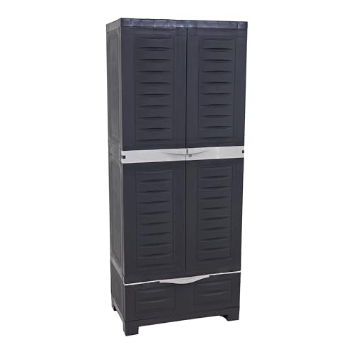 Sunnydaze 57" Garage Storage Cabinet with Locking Doors & Shelves, Shadow - color: Shadow, style: With Drawer - 57.5" H