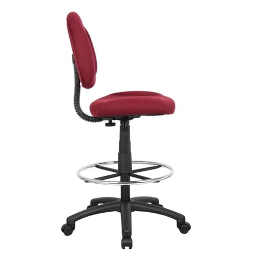 Scranton & Co Contoured Burgundy Fabric Drafting Stool, 20" Chrome Footring, Pneumatic Height 26.5"-31.5", Ergonomic Seat and Back, Tweed Upholstery, Black Nylon Base, Office or Studio Use