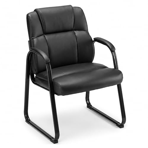 Simple Deluxe Leather Guest Chairs with Padded Arms & Sled Base - Set of 1 Stationary No Wheel Waiting Room Chair for Conference Reception Rooms, Lobby, Home Office Computer Desk, Bedroom, Black - size: Sled Base Leather Chairs 1 Pack