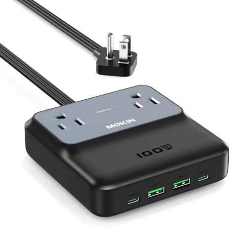 100W Max Travel Power Strip, 5ft Extension Cord USBC Charging Station | 2 AC, 2 USB C, 2 USB A Fast Charging Desktop Charger with Multiple Outlets Flat Plug for Home & Office - color: Black