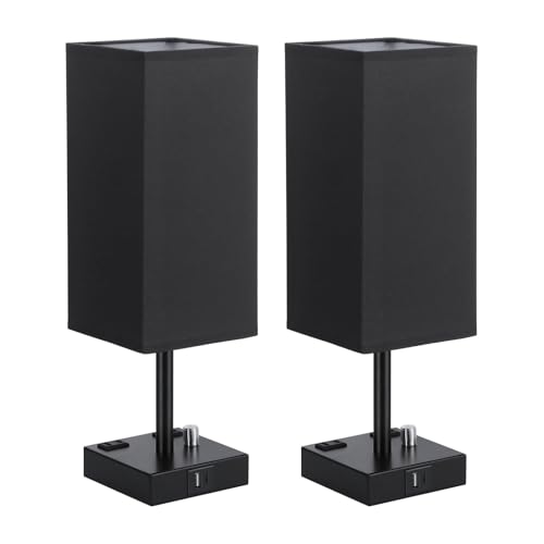 Black Bedside Table Lamps Set of 2 - Dimmable, USB C+A, 2 AC Outlets | Stepless Dimmable by Rotary Knob, 3000K LED Bulbs Included, Square Black Linen Shade, Nightstand Lamp for Living Room, Desk - color: Black