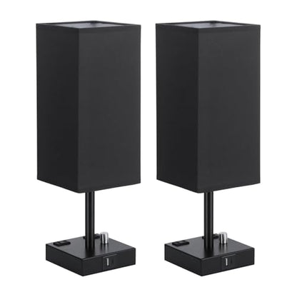 Black Bedside Table Lamps Set of 2 - Dimmable, USB C+A, 2 AC Outlets | Stepless Dimmable by Rotary Knob, 3000K LED Bulbs Included, Square Black Linen Shade, Nightstand Lamp for Living Room, Desk - color: Black