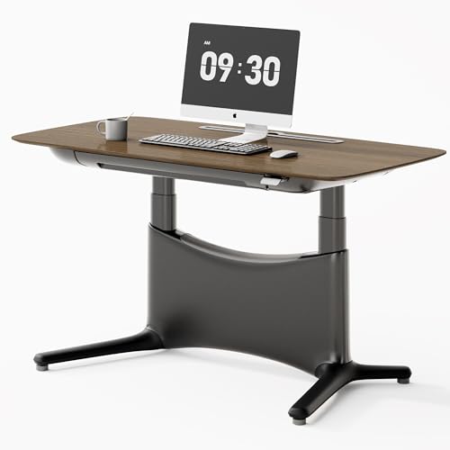 COLAMY Electric Standing Desk 55x28 Inch, Wobble-Free Dual Motor Sit Stand Up Home Office Computer Desk, One Piece Motorized Workstation Gamer Studio Table, Outlets & Footrest,Walnut Black - color: Walnut + Black