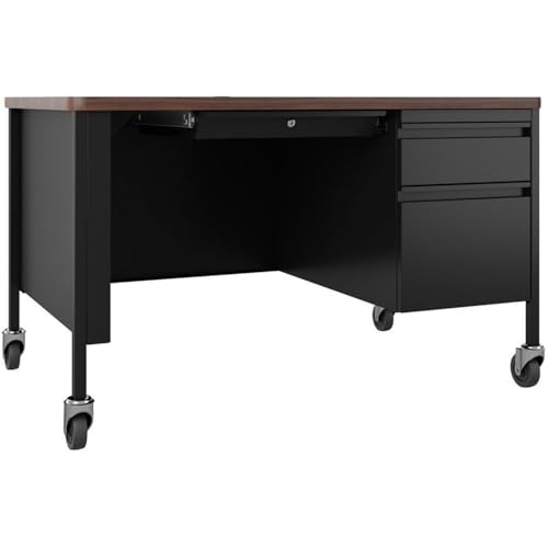 Hirsh 30x48 Mobile Right Hand Single Pedestal Metal Desk T-Mold Top Black/Walnut