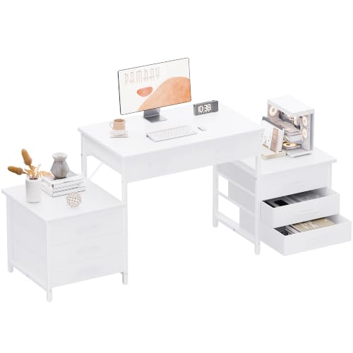 Pamray 63 Inch Office Desk with 8 Drawers and Printer Shelves for Computer | Space-saving, Ample Storage, Large Workspace, Easy Assembly, Sturdy, Suitable for Home Office Study Gaming, Bedroom and Dorms - color: White