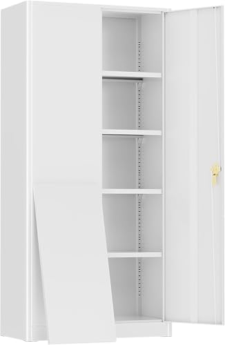 SUNCROWN Metal Storage Cabinets with Lock, Tool Cabinet, 72" Locking Steel Storage, Tall Locker Organizer Garage Cabinets with 2 Doors and 4 Shelves for Home,Office,Warehouse,Garage,School(White) - color: White, size: 72"H x 36"W x 18"D
