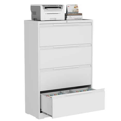 4 Drawer Metal Lateral File Cabinet with Lock for Home Office | 35.5 Inch Ultra Spacious Tabletop,440 LBS Max Weight Capacity,for Letter/Legal/F4/A4 Size,Fast Easy Assemble,White - color: White, size: 15.7"D x 35.4"W x 52"H（4 Drawers）