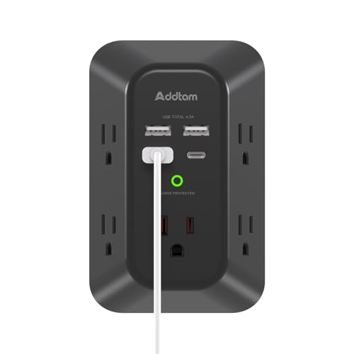 Addtam 5-Outlet Extender Surge Protector, Multi Plug Wall Outlet with 4 USB Wall Charger(2 USB C), Outlet Splitter Power Strip for Home Office Dorm Room Essentials, Plug Extension Outlet 1800J, Black - style: 2C2A No PD