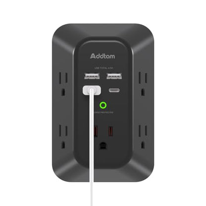 Addtam 5-Outlet Extender Surge Protector, Multi Plug Wall Outlet with 4 USB Wall Charger(2 USB C), Outlet Splitter Power Strip for Home Office Dorm Room Essentials, Plug Extension Outlet 1800J, Black - style: 2C2A No PD