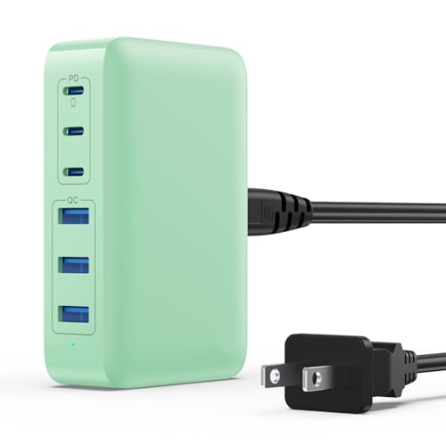 USB C Charger Block Charging Station,108W GaN III 6 Port 3xQC+3xPD Wall Charger Adapter Plug Cube,Super Fast Type C Charging Hub Box for iPhone 17 16 15 14 13 Pro Max iPad Samsung Pixel 5ft Cord-Green - color: Green