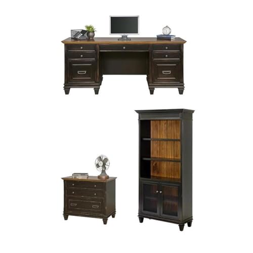 BOWERY HILL Set of 3 Credenza Office Desk & Bookcase with Doors & Filing Cabinet