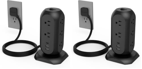 TESSAN Tower Power Strip Flat Plug with 1050J Surge Protection, 6 Ft, Black (Pack of 2) - color: Black, size: 6 Feet (Pack of 2)