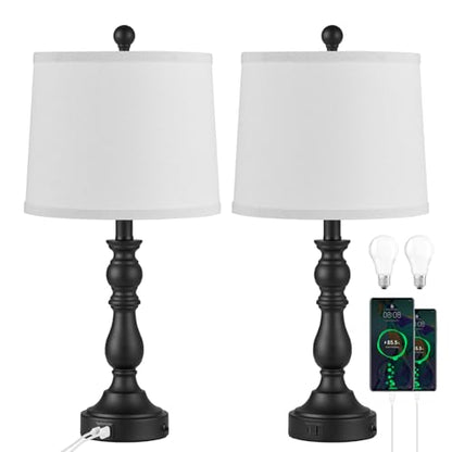 Black Table Lamps Set of 2, Black Lamps for Bedroom, USB C+A Ports - color: E.White, Black