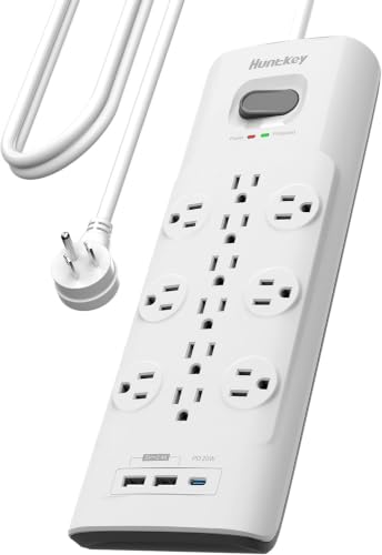 Surge Protector Power Strip (3480J), Huntkey 12 Outlets with 2 USB A and 20W USB C Fast Charging, 6ft Flat Plug, Heavy-Duty Extension Cord for Workbench, Kitchen, Garage Must Have, ETL Listed