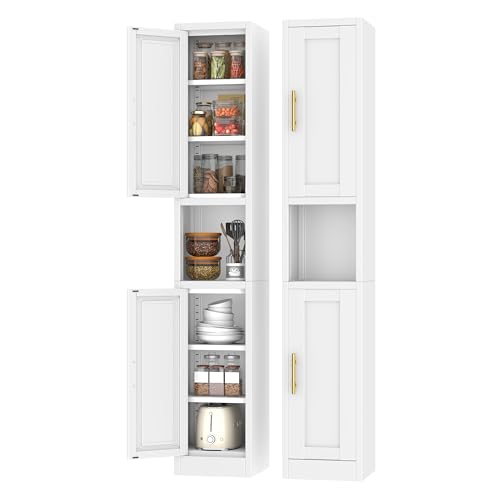 Metal Tall Narrow Storage Cabinet,67" H Freestanding Floor Cabinet with 2 Doors and 4 Adjustable Shelves,Pantry Storage Cabinet for Bathroom,Living Room,Entryway and Kitchen (White) - color: White, size: 11.81"W