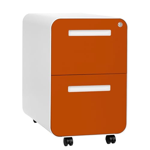 Laura Davidson Furniture Stockpile 2 Drawer Mobile File Cabinet with Lock - Under Desk Metal Filing Cabinet, Legal/Letter File Folders, Wheels and Stationary Feet, Pre-Assembled, White/Orange - color: White/Orange
