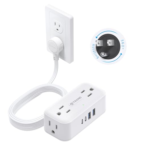 TROND 360° Rotating Flat Plug Power Strip 10ft, 4 Widely AC Outlets, White - color: White, size: 10FT