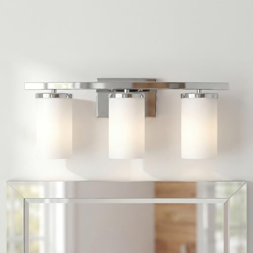 Kichler Crosby 23" Vanity Light in Chrome, 3-Light Contemporary Bathroom Light with Satin Etched Cased Opal Glass, (23" L x 8.75" H), 45497CH | Satin etched cased opal glass vanity light for bathroom mirrors (23" x 8.75" x 6"), 45497CH - color: Chrome, si