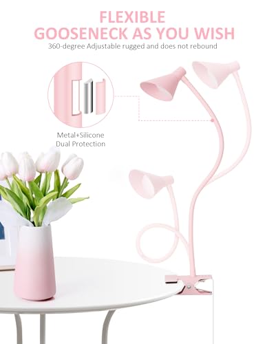 LiFMIRA Pink Small Desk Lamp Clip on LED Reading Light for Bed | 3 Color Modes 10 Dimmable Brightness, Book in Bed Headboard, Flexible Reading Lamp with Clamp BL08 - color: Pink