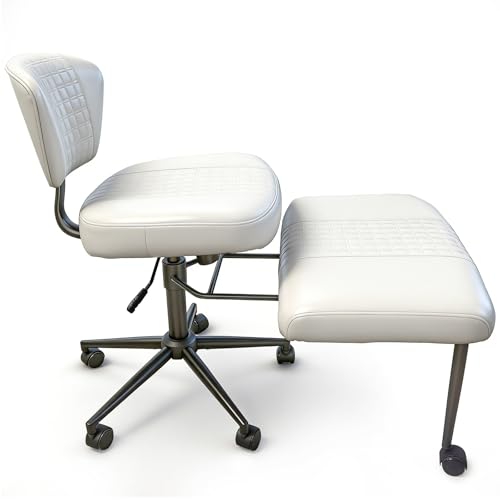 Meditation Chair with Footrest, 360° Swivel Height Adjustable Criss Cross Chair, White PU Padded Wide Seat, Home Office Desk Chair for Reading, Yoga, Peaceful Living - color: White