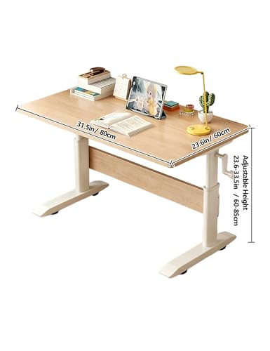Manual Crank Standing Desk Adjustable Height 23.6-33.5 inch, Steel Frame Computer Table with Solid Wood Eco-Board Desktop and Cable Management Hole, mesa Gamer for Home Office(Natural,32IN) - color: Natural, size: 32IN