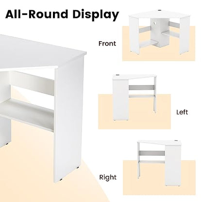 HOMGX Corner Computer Desk, Triangle Desk with Storage Shelves, Small Corner Desk for Small Spaces, Corner Vanity Desk for Home, Bedroom, Living Room, Office (White)