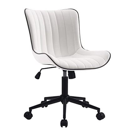 YOUNIKE Office Desk Chair with Wheels Armless Vanity Chair Modern White | Faux Leather Upholstered with Rocking Back, Swivel Height Adjustable Small Cute Computer Rolling Task Chair Ergonomic 300lb - color: White, size: Base Black
