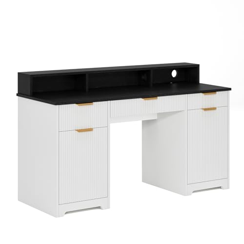 Office Desk MDF, Power Outlets, Monitor Stand, White/Black | MDF desk, built-in power outlets, raised monitor stand, keyboard pull-out, file cabinet drawers, home office