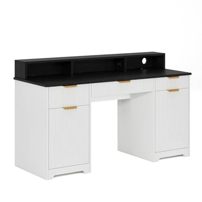 Office Desk MDF, Power Outlets, Monitor Stand, White/Black | MDF desk, built-in power outlets, raised monitor stand, keyboard pull-out, file cabinet drawers, home office