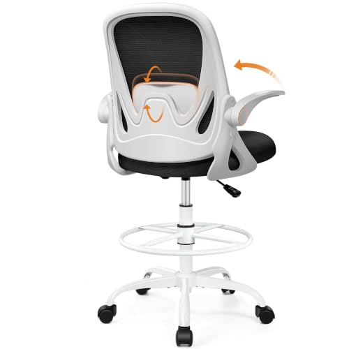 Drafting Chair Tall Office Chair with Flip-up Armrests, Adjustable Height, and Enhanced Lumbar Support - Ergonomic Rolling Stool, Back Support, and Adjustable Foot Rest Ring for Standing Desk White - color: White, size: 934W-Z