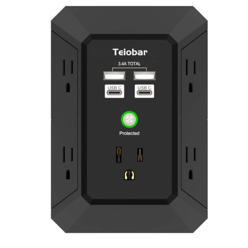 Wall Charger, Surge Protector, Teiobar 5 Outlet Extender with 4 USB Charging Ports(2USB-C), 3-Sided 1680J Power Strip Multi Plug Adapter Spaced for Home Travel Office, Black - color: Black, size: 5-Outlets/Non-Night Light
