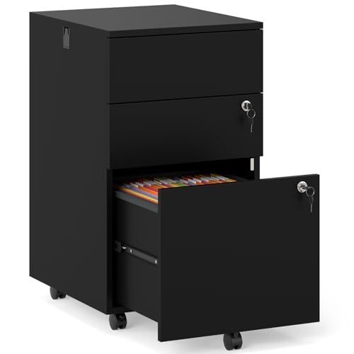 Giantex 3-Drawer File Cabinet with Lock, 27-Inches Storage Cabinet with 2 Side Hooks, Mobile Printer Stand, Wheels, 4 Keys, Vertical Filing Organizer fits Letter/A4 Size for Home Office (Black) - color: Black