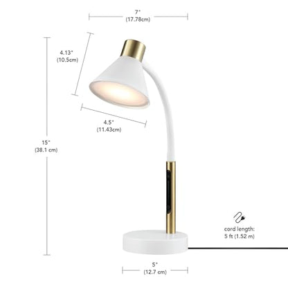 Globe Electric 15" LED Integrated Matte White Desk Lamp with Matte Brass Accent and Adjustable Silicone Gooseneck - color: Matte White, Albert