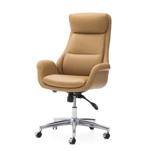 Glitzhome Adjustable High-Back Office Chair Executive Swivel Chair PU Leather Desk Chair, Camel - color: Camel