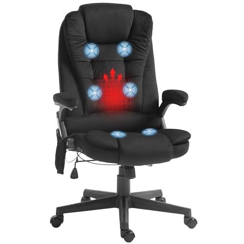 HOMCOM Executive Office Chair 6 Points Vibration Massage Velvet Black | Heated Lumbar Support, High Back Computer Chair, Reclining Backrest, Tilt Function, Padded Armrests - color: Black