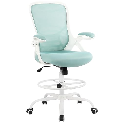HYLONE Drafting Chair Tiffany Blue, Tall Office Chair Standing Desk Stool with Adjustable Height, Foot Ring, Flip-Up Arms, Mesh High-Back Office Chair, White - color: Blue