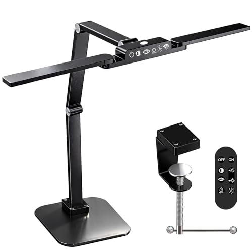 NUNET 24W LED Desk Lamp with 2-in-1 Weighted Base & Clamp, 26.8" Dual Monitor Light Bar, Remote, Eye-Caring Red Light Beads, Stepless Dimming, Adjustable Architect Swing Arm for Home Office, Black | Weighted base option, remote control, eye-caring red bea