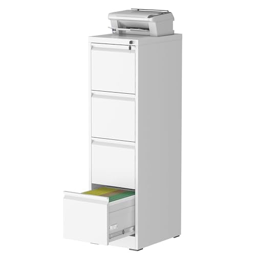 File Cabinet, 4 Drawer File Cabinet with Lock, Steel Vertical Filing Cabinets for Home Office, Heavy Duty File Storage Cabinet for Legal/Letter/A4 Documents, Easy to Assemble, White - color: White, size: 4-Drawer