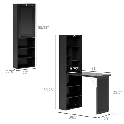 Folding Wall Mounted Murphy Desk with Storage & Bookcase(Black) | Expandable Hidden Computer Desk with Blackboard, Foldable Space Saving Office Table Pull Out Murphy Table for Small Spaces - color: Black