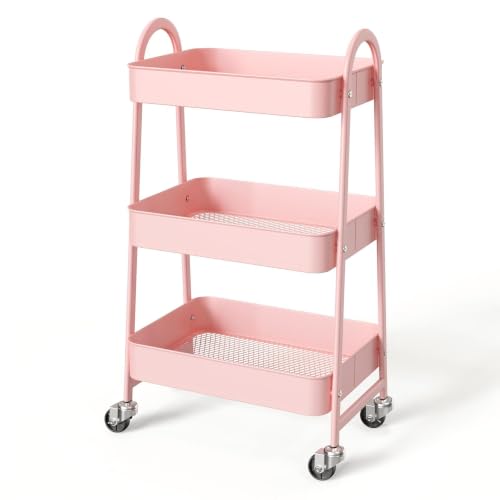 NEWBULIG 3-Shelf Metal Rolling Storage Utility Cart with Lockable Wheels - color: Pink, size: 3 Shelves