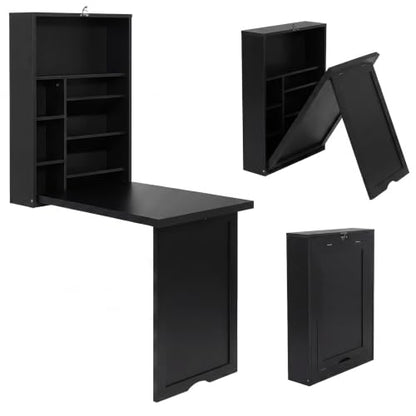 Tangkula Folding Wall Mounted Desk, Convertible Fold Out Floating Table with Storage Shelves, Space-Saving Drop Leaf Table, Murphy Desk for Craft, Study, Small Spaces, Home Office, Dorm, Black - color: Black