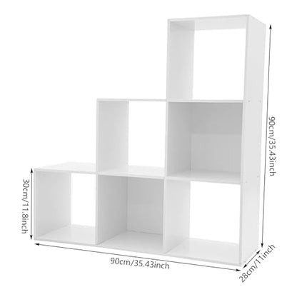 3-Tier Stepped Bookshelf, 6 Cube Storage Organizer, Freestanding Ladder Bookcase, L-Shaped Corner Shelf, Room Divider Shelf, 35.4" Tall Modern Display Shelf for Home Office Living Room - size: 6 Cubes/L-Shaped