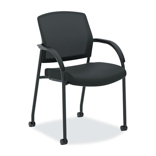 HON Lota Guest Chair with Arms and Wheels, Mesh Office Chairs, Black | Office furniture with arms and wheels for waiting rooms chairs, conference room chair, and banquette seating - color: Black - Mesh Back - Arms and Casters
