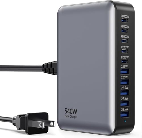 540W USB C Charger Block, 10 Port Charging Station USB Charger Block Double 100W Gan Laptop Fast Charging Compatible with MacBook Air/Pro, iPhone, iPad, Dell XPS, Samsung Galaxy Note - size: 540W