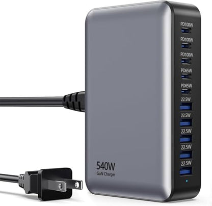 540W USB C Charger Block, 10 Port Charging Station USB Charger Block Double 100W Gan Laptop Fast Charging Compatible with MacBook Air/Pro, iPhone, iPad, Dell XPS, Samsung Galaxy Note - size: 540W