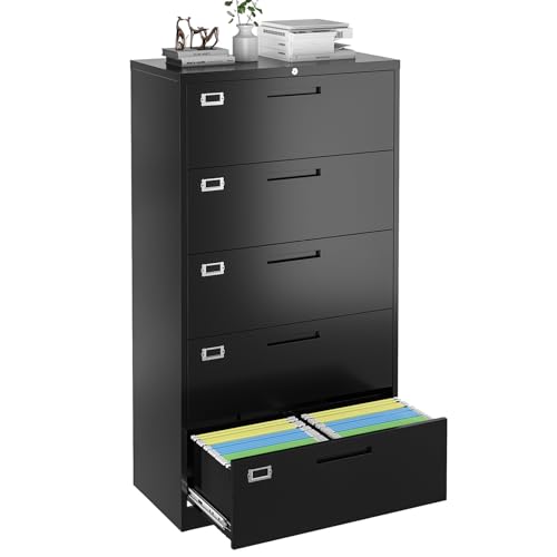 5 Drawer Lateral File Cabinet with Lock, Metal Filing Cabinets for Home Office, Wide Locking File Caninets, Black Office Storage Cabnet for Hanging Letter/Legal / A4 / F4 - Assembly Required - color: Black, size: 65“H - 5 Drawer