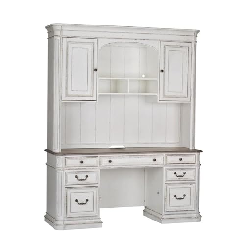 Ashford & Sons Credenza & Hutch, 67x16x52, Wood Veneers, White Oak & Birch Finish, Adjustable Shelves, Lockable File Drawers, Touch Lighting, USB Ports, Office Storage Desk with Keyboard Tray - size: Credenza & Hutch