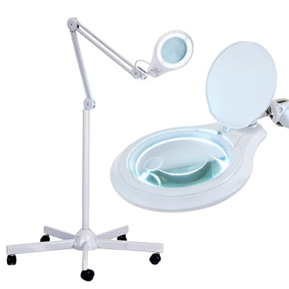Neatfi LED Magnifying Floor Lamp 1,200 Lumens – 5” Bifocal Glass Lens, Dual Magnification 2.25X + 6X, Dimmable Task Light | Adjustable Arm, Rolling Base | Reading, Crafting & Sewing (White, 5 Inches) - color: White, size: 5 Inches