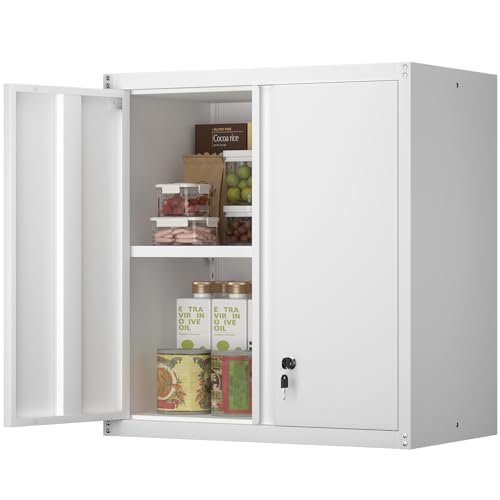 Metal Wall Cabinet, Steel Locking Cabinet for Office, Home Office Cabinets with Doors and Shelves, Garage Cabinets for Utility Room, Laundry Room - color: 28"h - White